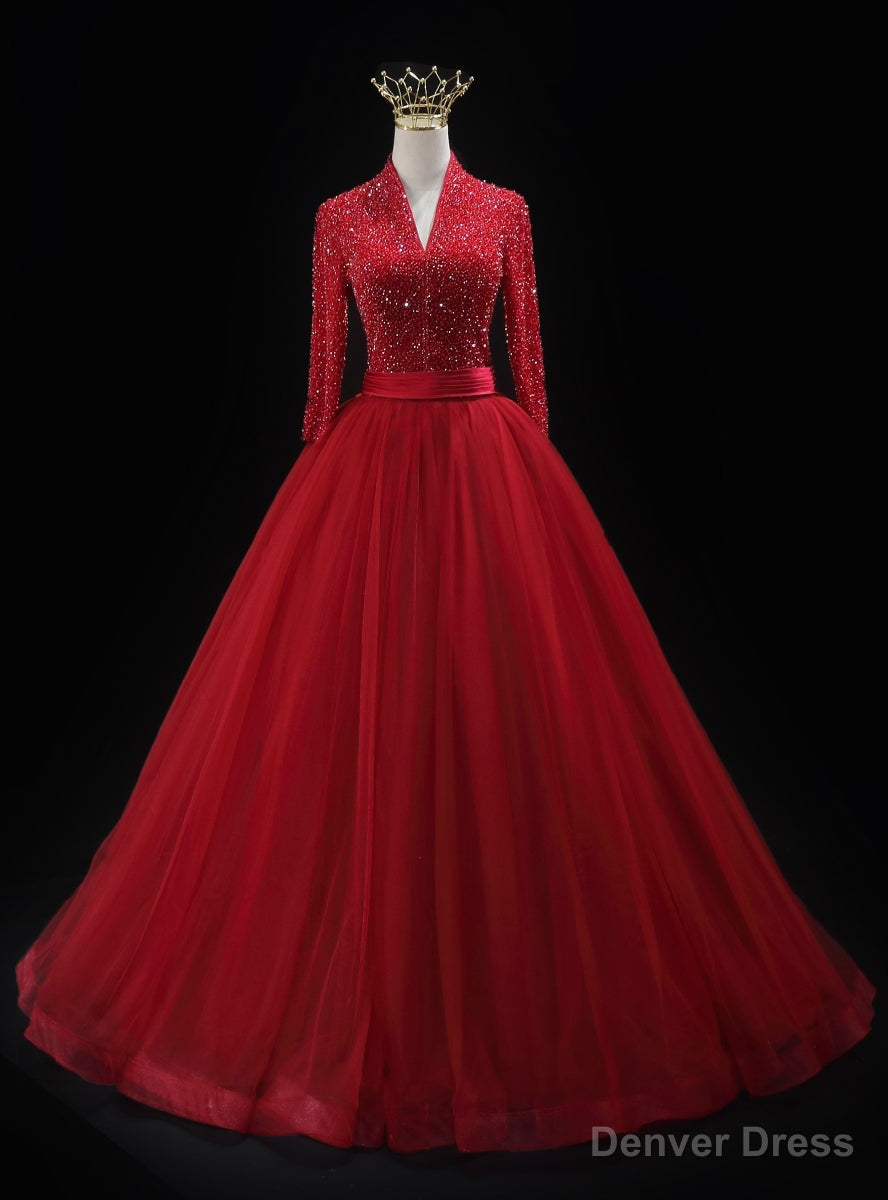 Red Tulle V Neck Long Sleeve Beading Prom Dresses