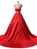 Red Two Pieces Satin Long Prom Dress, Red Satin Prom Dresses