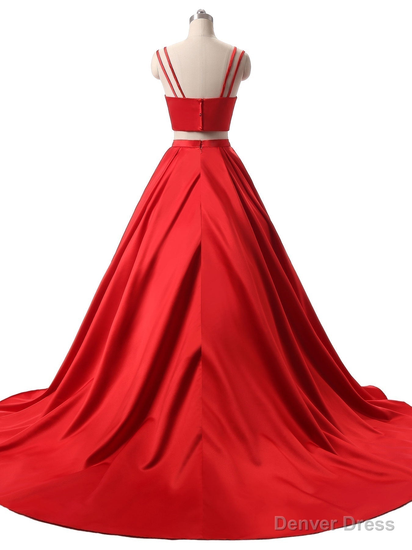 Red Two Pieces Satin Long Prom Dress, Red Satin Prom Dresses