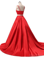 Red Two Pieces Satin Long Prom Dress, Red Satin Prom Dresses