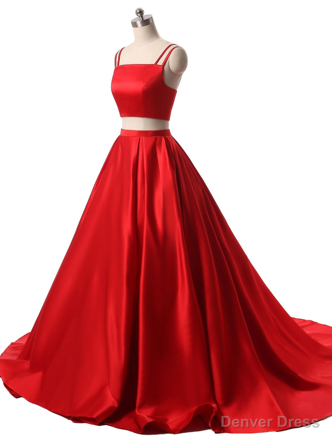Red Two Pieces Satin Long Prom Dress, Red Satin Prom Dresses Main image