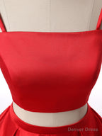 Red Two Pieces Satin Long Prom Dress, Red Satin Prom Dresses