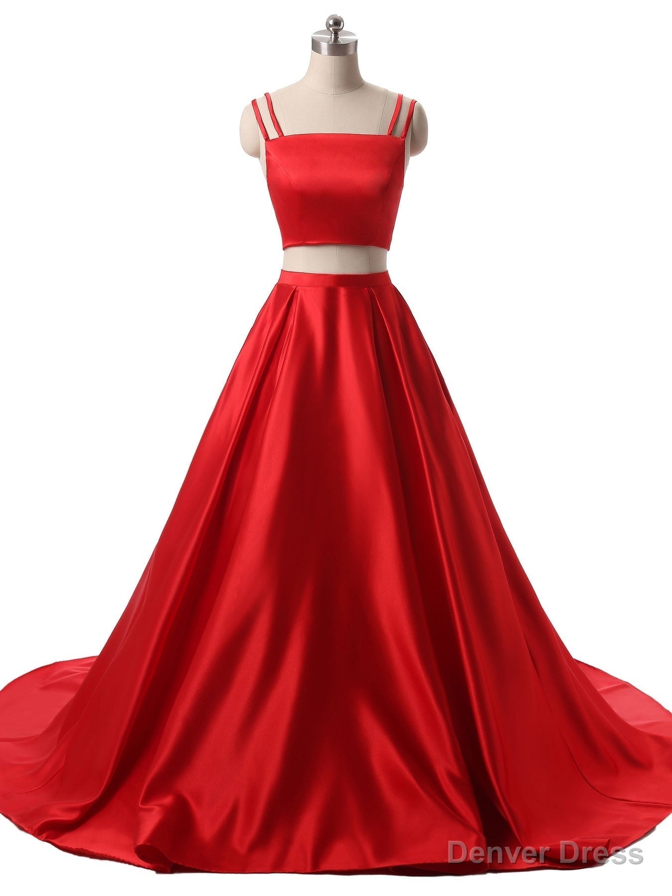 Red Two Pieces Satin Long Prom Dress, Red Satin Prom Dresses