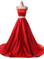 Red Two Pieces Satin Long Prom Dress, Red Satin Prom Dresses