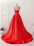 Red Two Pieces Satin Long Prom Dress Simple Red Prom Dresses