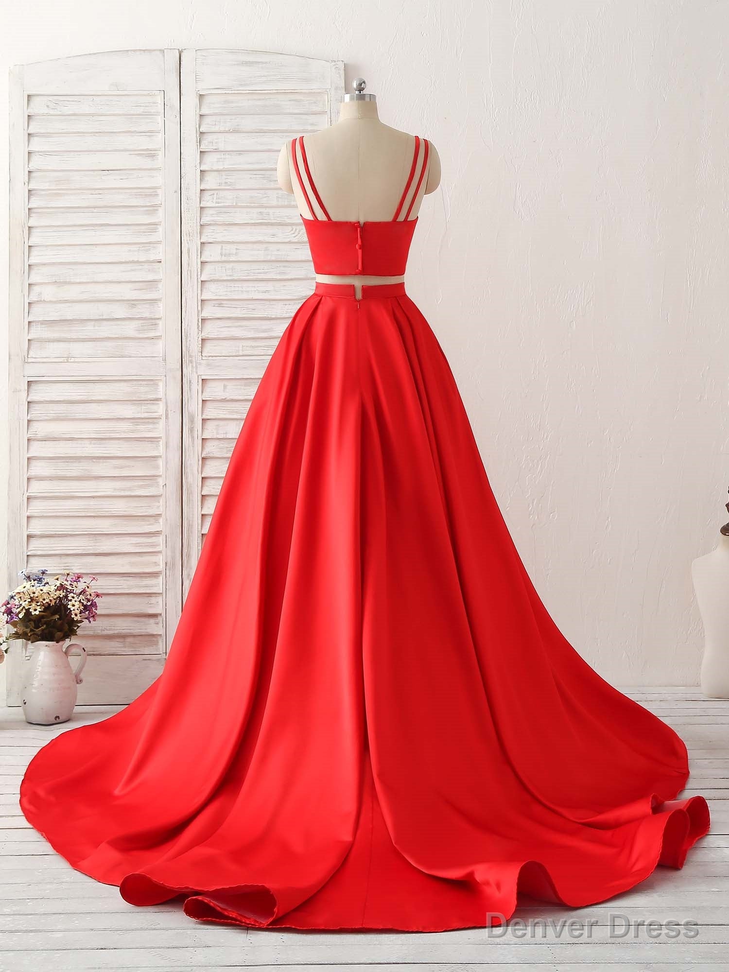 Red Two Pieces Satin Long Prom Dress Simple Red Prom Dresses