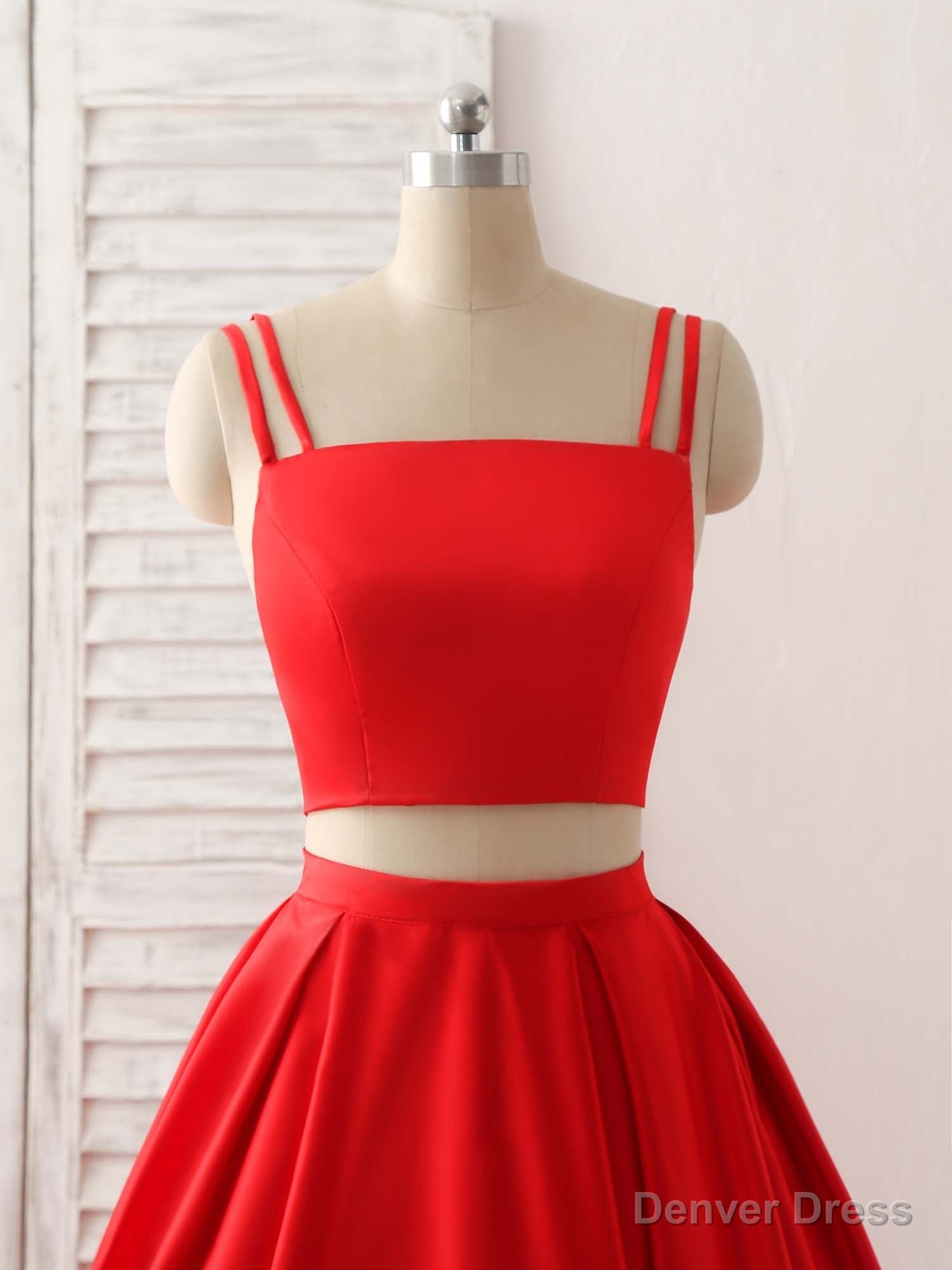 Red Two Pieces Satin Long Prom Dress Simple Red Prom Dresses
