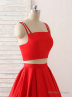 Red Two Pieces Satin Long Prom Dress Simple Red Prom Dresses