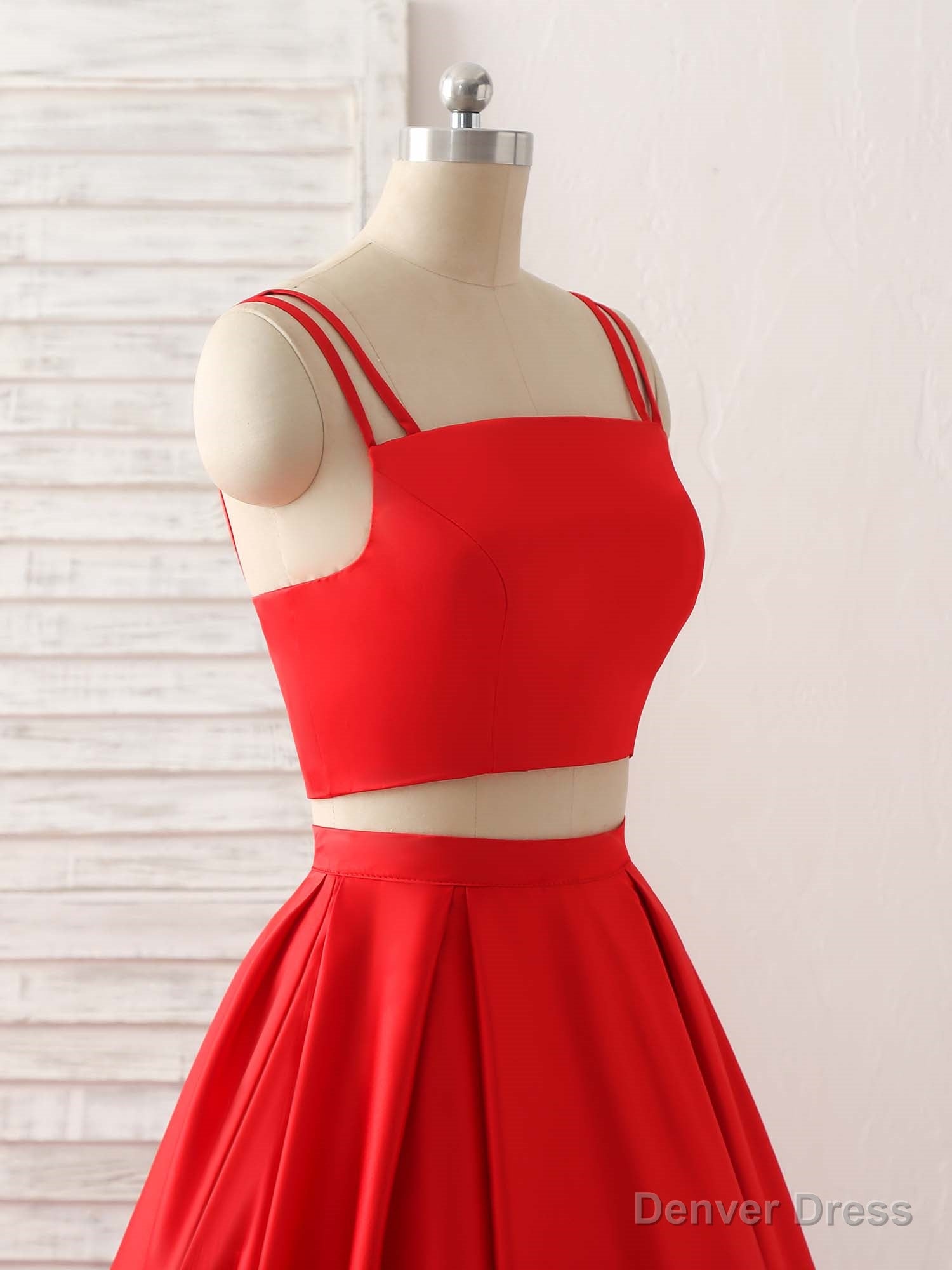 Red Two Pieces Satin Long Prom Dress Simple Red Prom Dresses