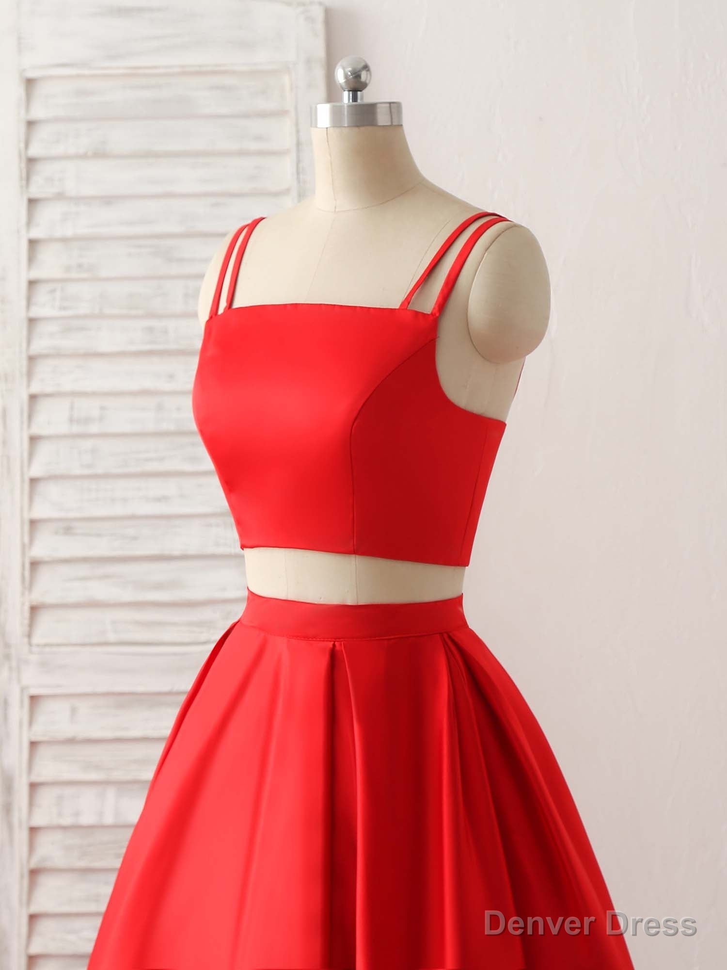 Red Two Pieces Satin Long Prom Dress Simple Red Prom Dresses
