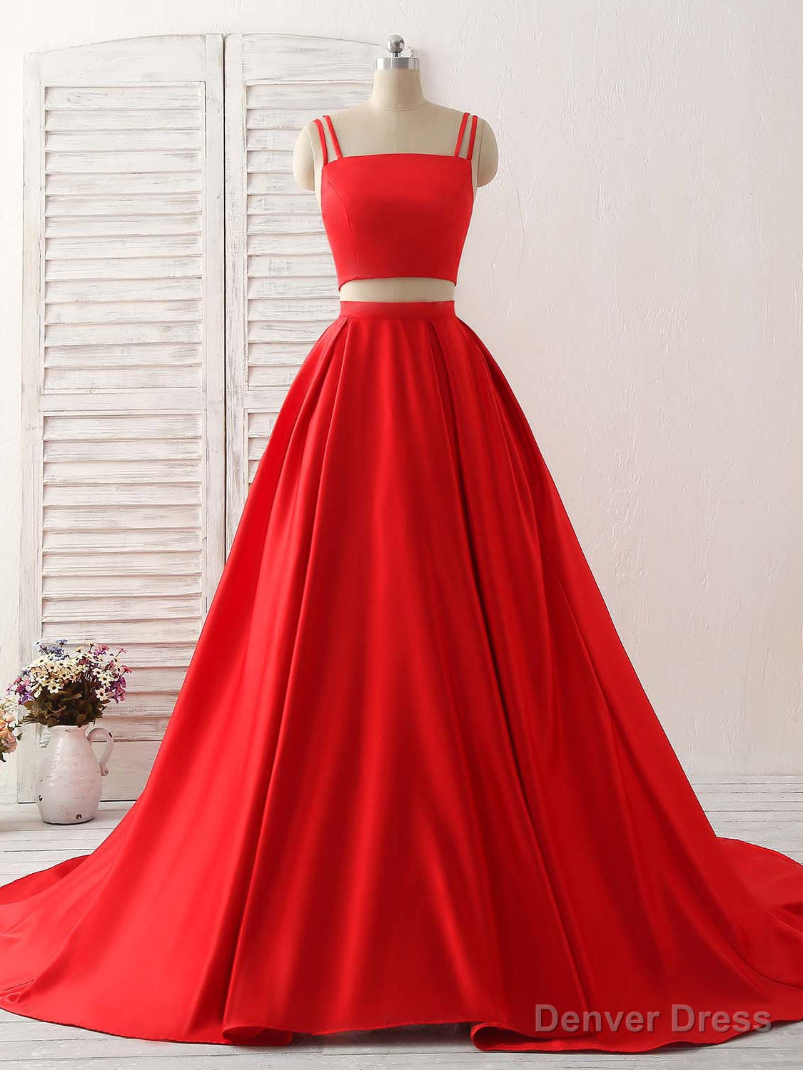 Red Two Pieces Satin Long Prom Dress Simple Red Evening Dress