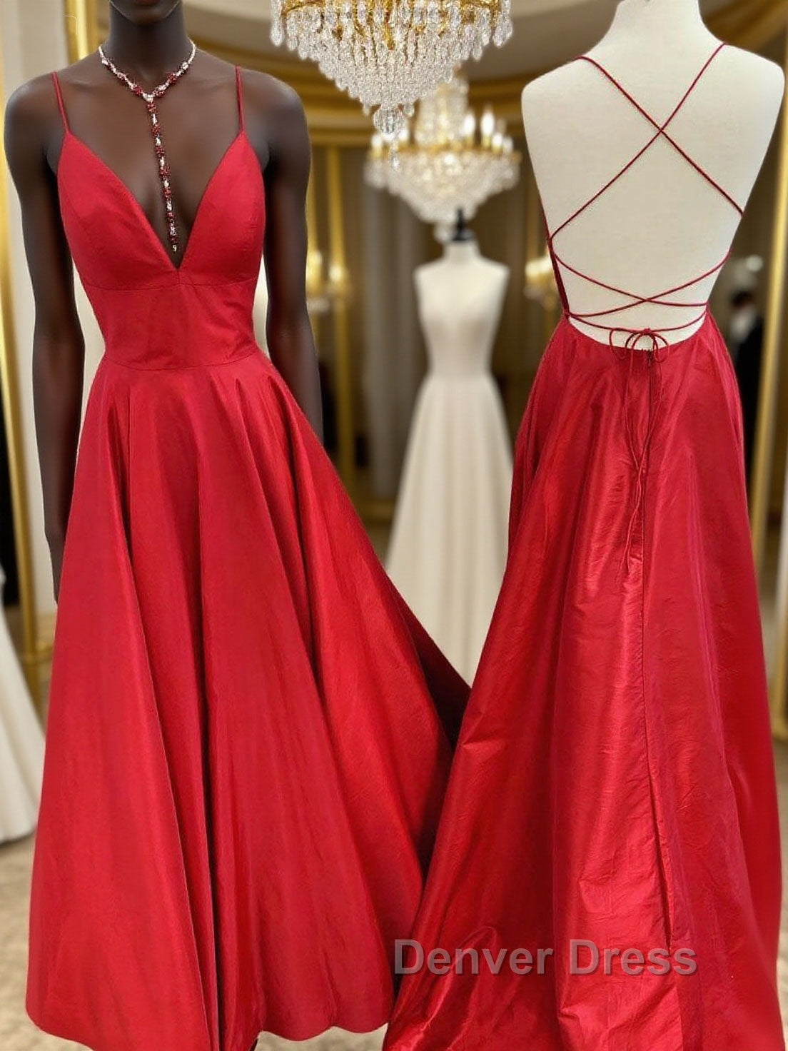 Red v neck backless satin long prom Dress red Prom Dresses Main image