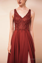 V Neck Chiffon Appliques A Line Long Prom Dresses