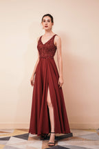 V Neck Chiffon Appliques A Line Long Prom Dresses