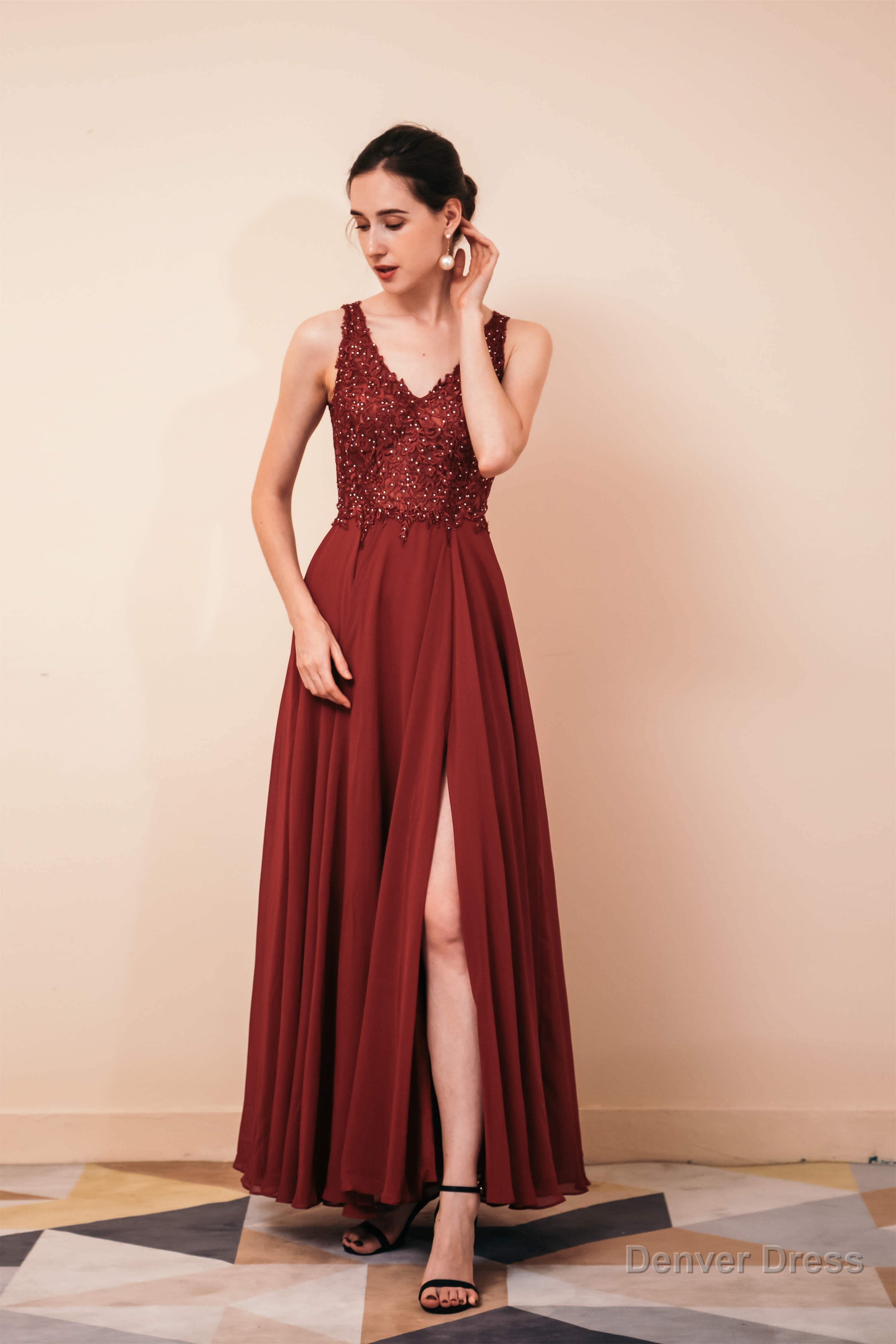 V Neck Chiffon Appliques A Line Long Prom Dresses