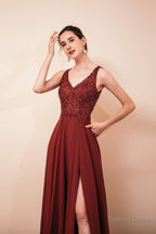 V Neck Chiffon Appliques A Line Long Prom Dresses
