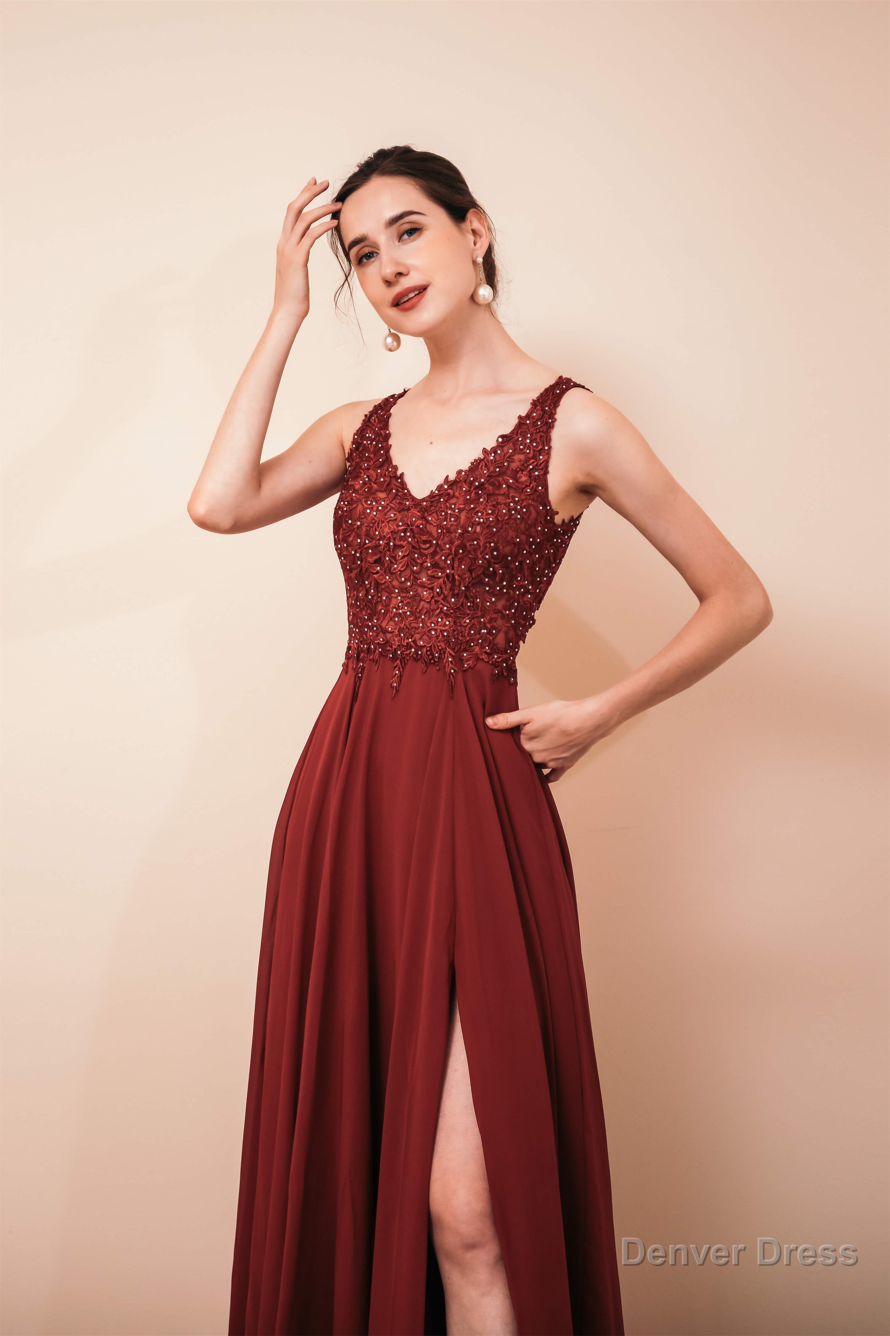 V Neck Chiffon Appliques A Line Long Prom Dresses