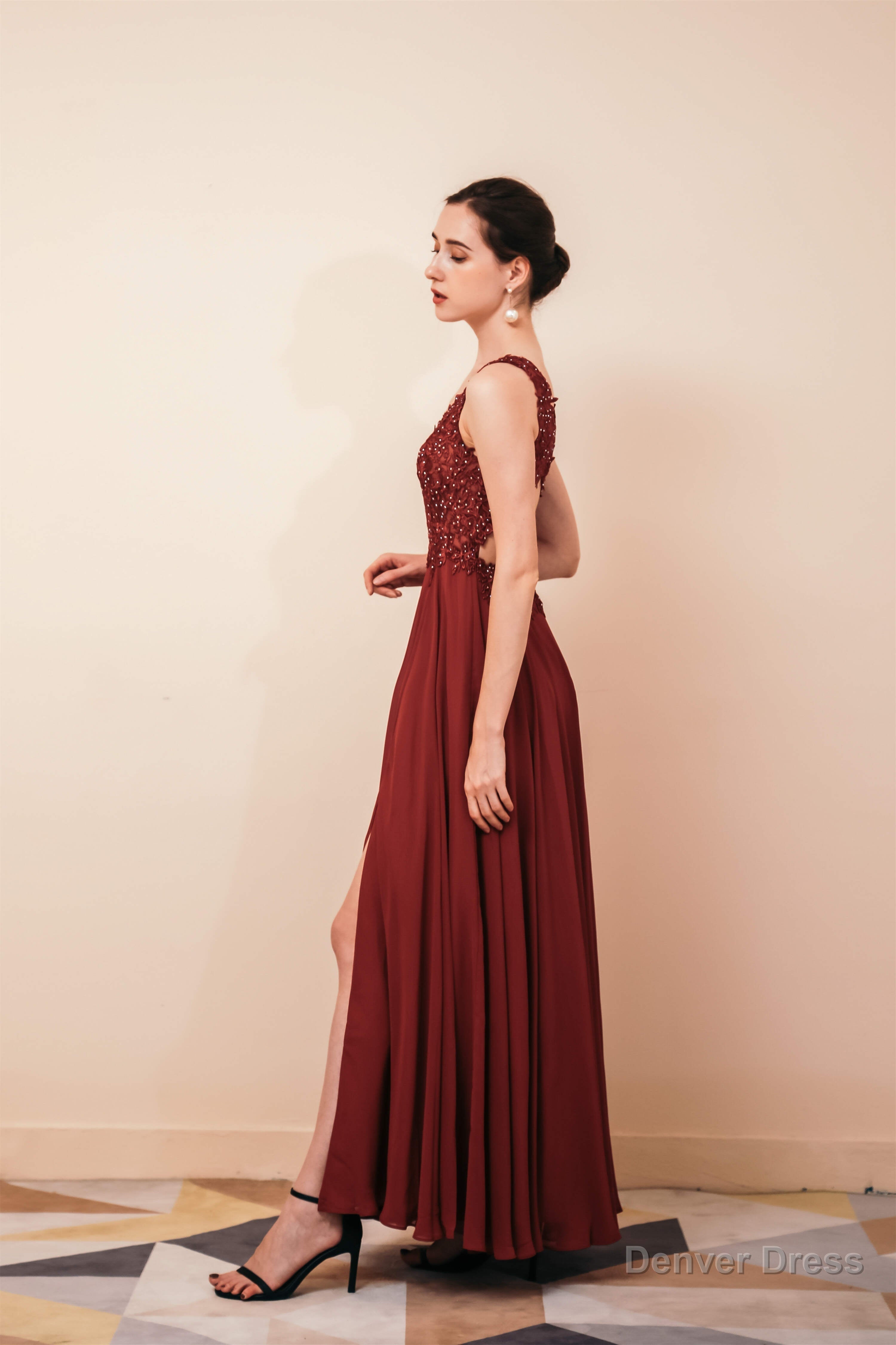 V Neck Chiffon Appliques A Line Long Prom Dresses