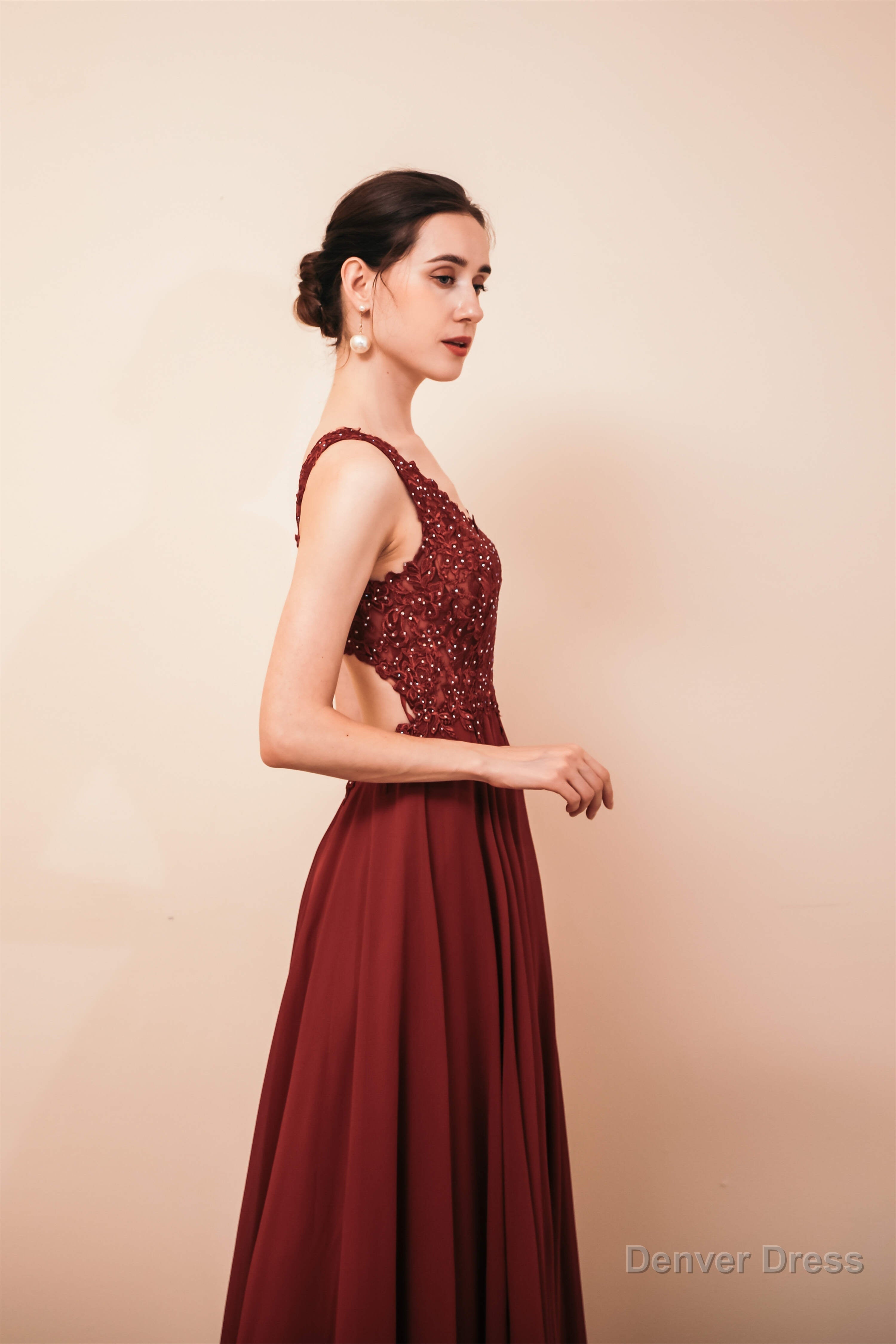 V Neck Chiffon Appliques A Line Long Prom Dresses