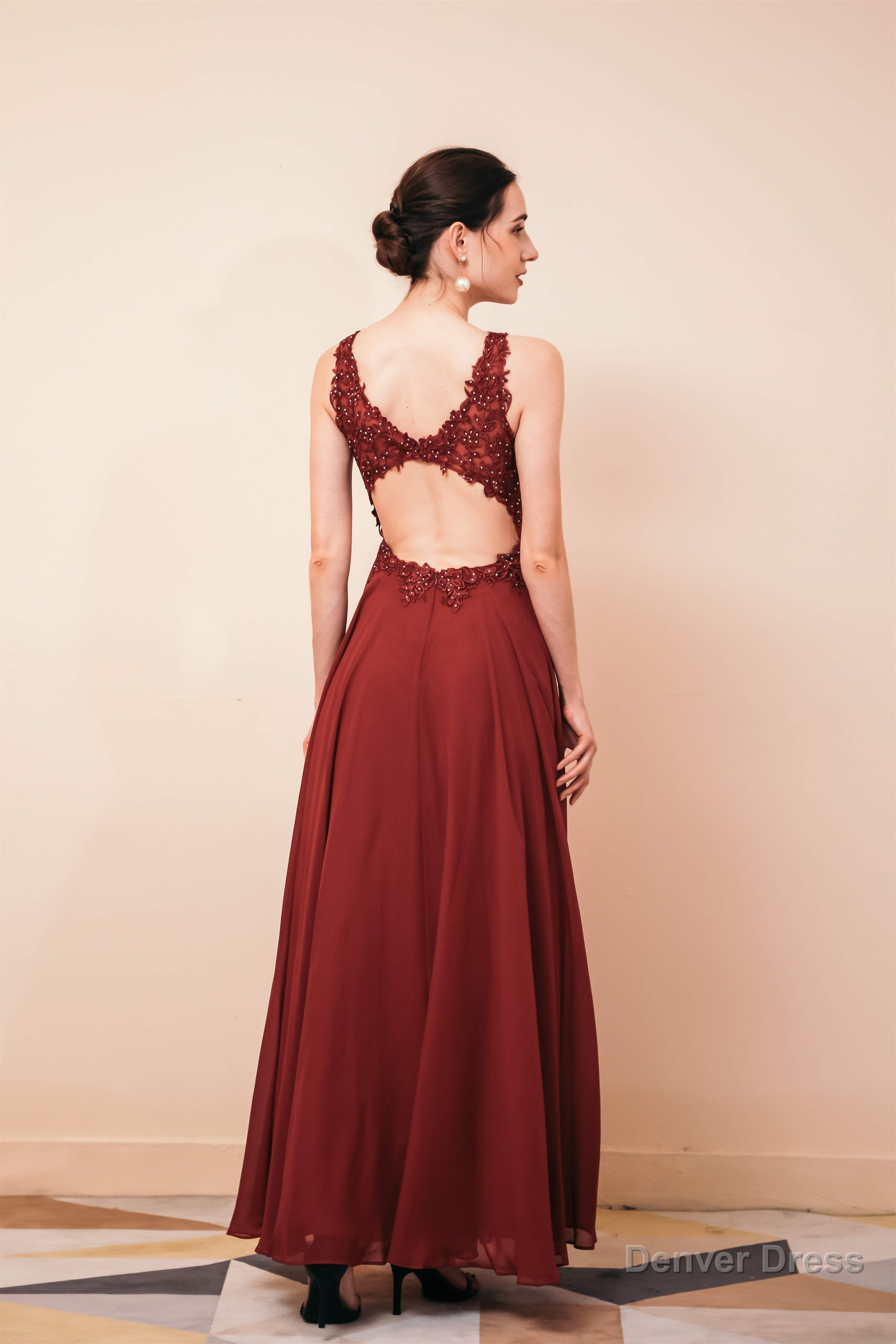 V Neck Chiffon Appliques A Line Long Prom Dresses