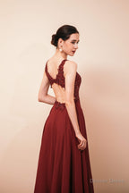 V Neck Chiffon Appliques A Line Long Prom Dresses