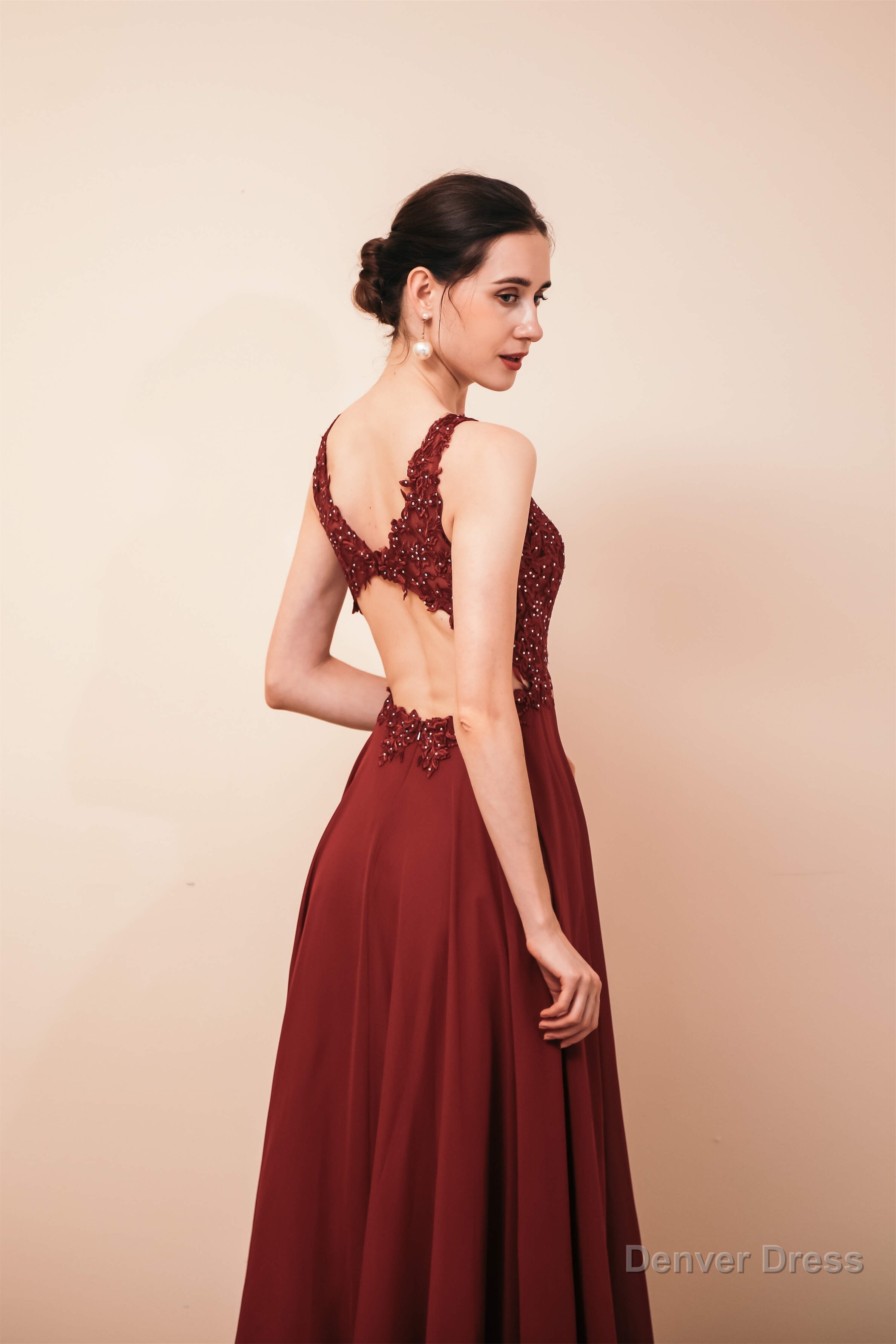 V Neck Chiffon Appliques A Line Long Prom Dresses