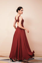 V Neck Chiffon Appliques A Line Long Prom Dresses
