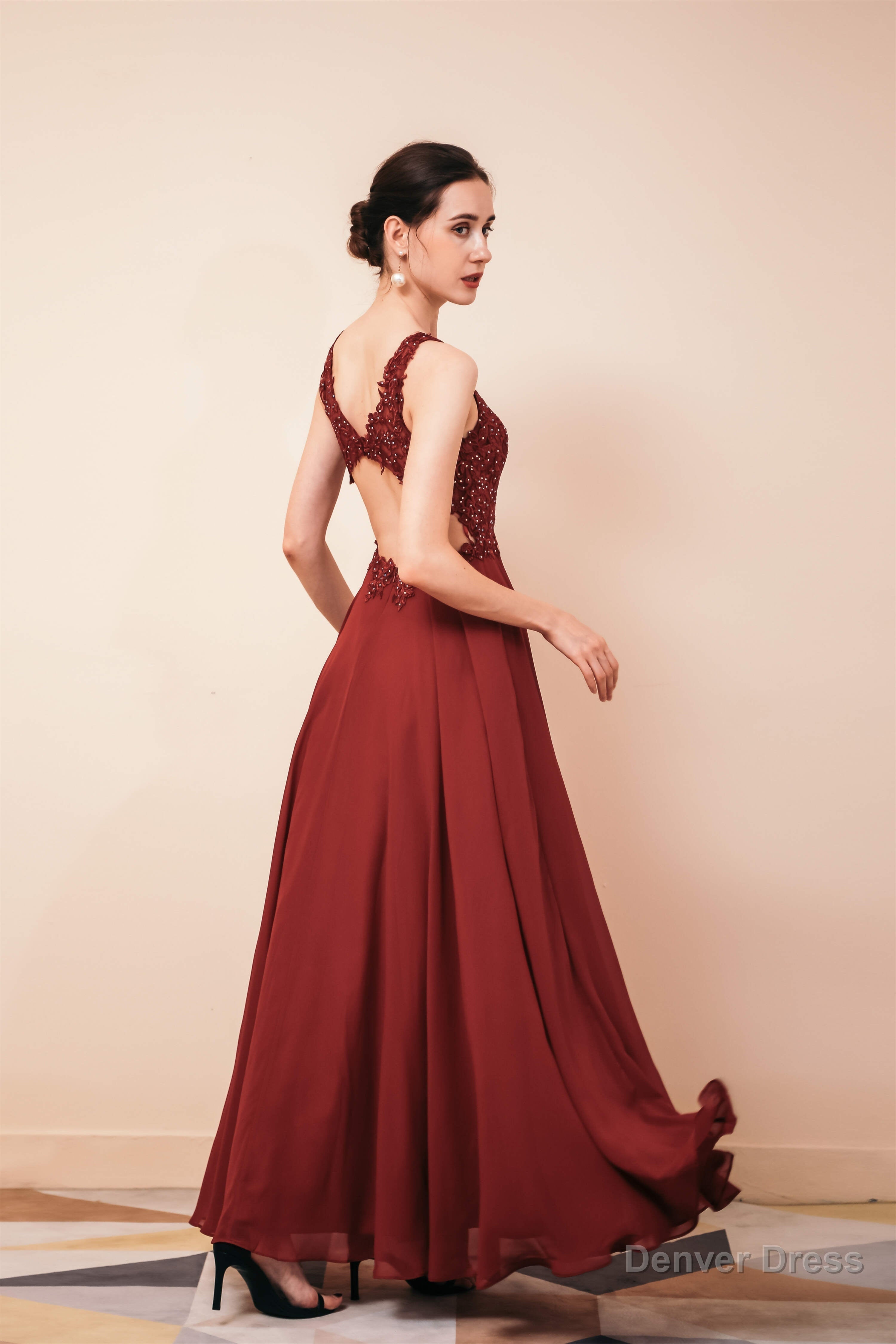 V Neck Chiffon Appliques A Line Long Prom Dresses