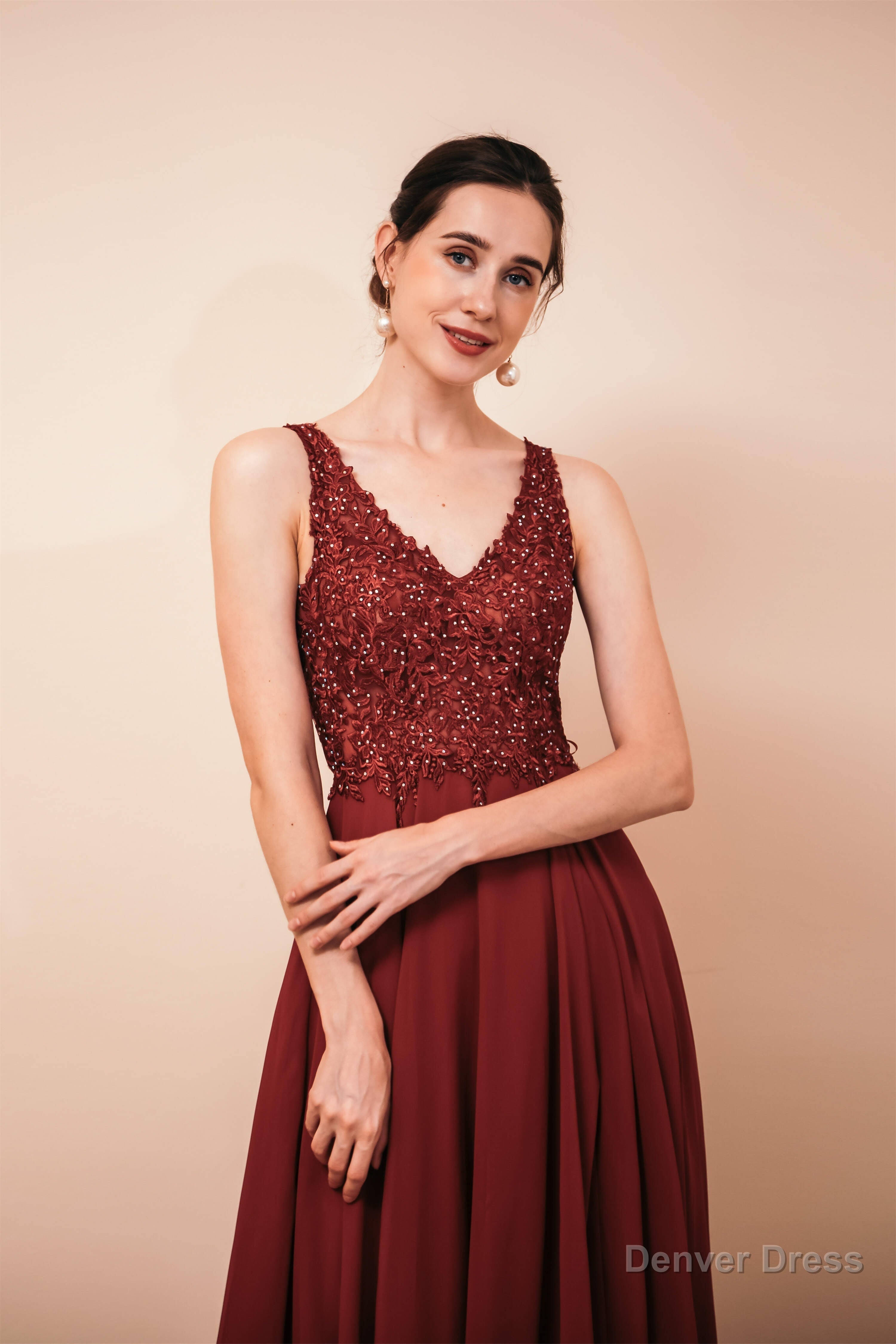 V Neck Chiffon Appliques A Line Long Prom Dresses
