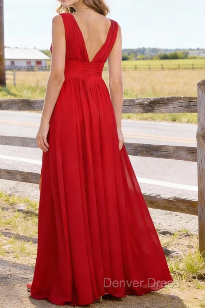 Red V Neck Chiffon Floor Length Bridesmaid Dress Long Bridesmaid Dresses With Pleated Split Secondary image