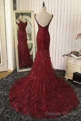 Red V Neck Lace Mermaid Long Prom Dress, Red Evening Dress