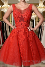 Red v neck lace tulle short prom Dress, red homecoming Dresses
