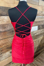 Red V Neck Lace Up Short Homecoming Dresses Cocktail