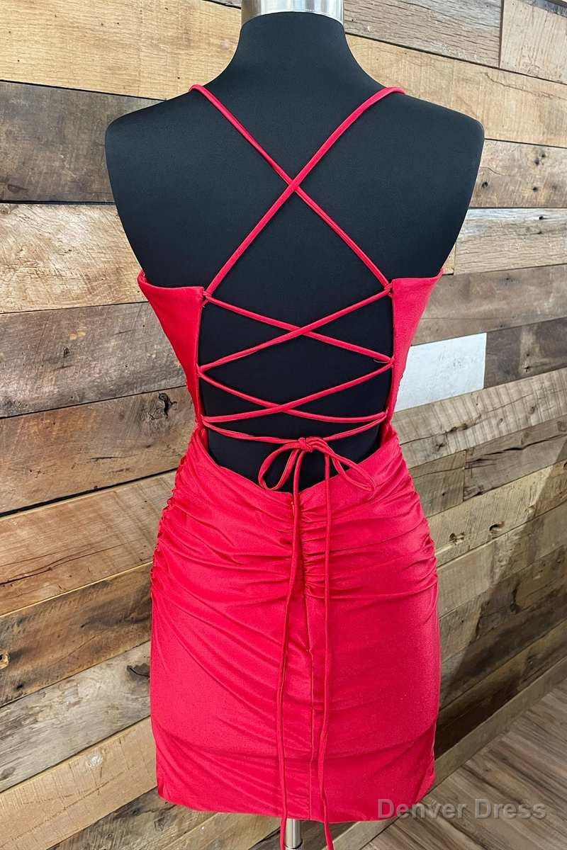 Red V Neck Lace Up Short Homecoming Dresses Cocktail