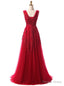 Red V Neck Long Lace Appliques Prom Dresses