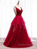 Red V Neck Long Prom Dress with Corset Back, Red Floor Length Prom Gowns, Prom Dresses