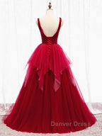 Red V Neck Long Prom Dress with Corset Back, Red Floor Length Prom Gowns, Prom Dresses
