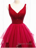 Red V Neck Long Prom Dress with Corset Back, Red Floor Length Prom Gowns, Prom Dresses