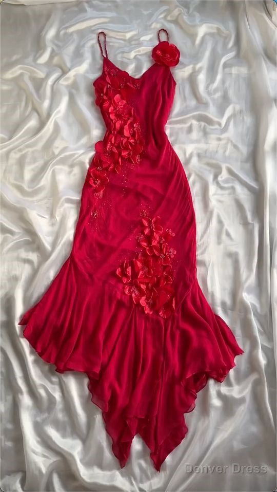 Red V Neck Prom Dress Long Prom Dresses With Flowers Main image