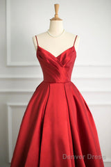 Red V-Neck Satin Long A-Line Prom Dress, Simple A-Line Backless Evening Party Dress