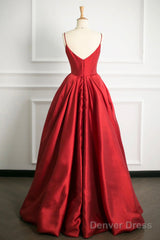Red V-Neck Satin Long A-Line Prom Dress, Simple A-Line Backless Evening Party Dress