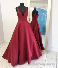 Red V Neck Satin Long Prom Dress, Red Evening Dress