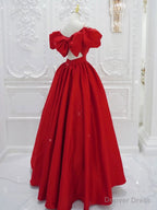 Red V Neck Satin Long Prom Dress, Red Prom Dresses