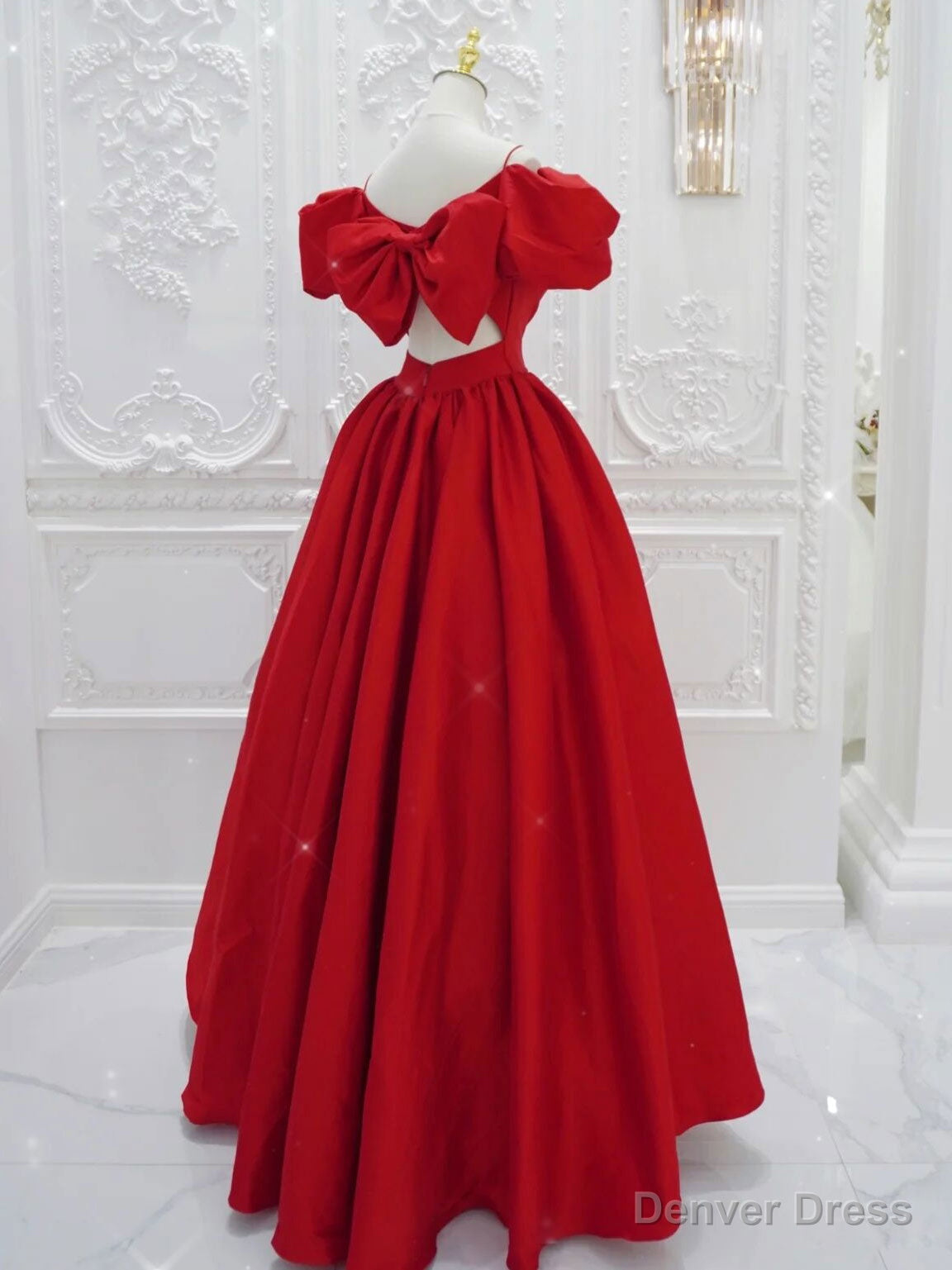Red V Neck Satin Long Prom Dress, Red Prom Dresses