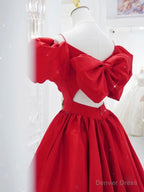 Red V Neck Satin Long Prom Dress, Red Prom Dresses