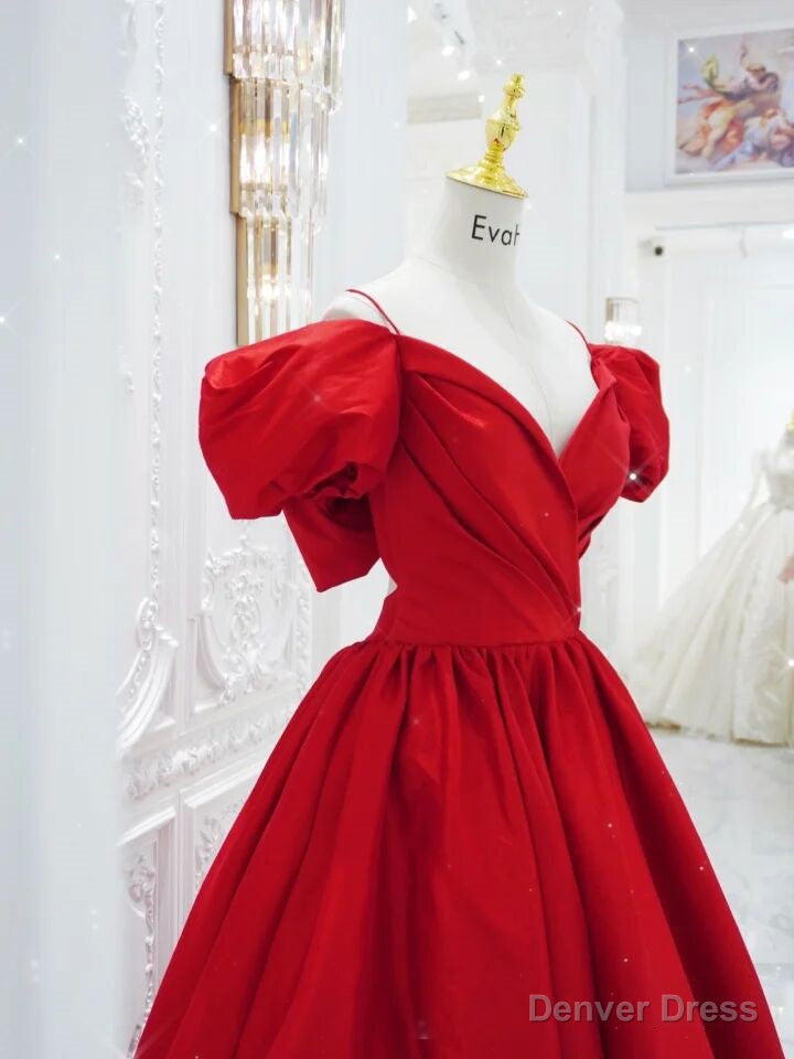 Red V Neck Satin Long Prom Dress, Red Prom Dresses