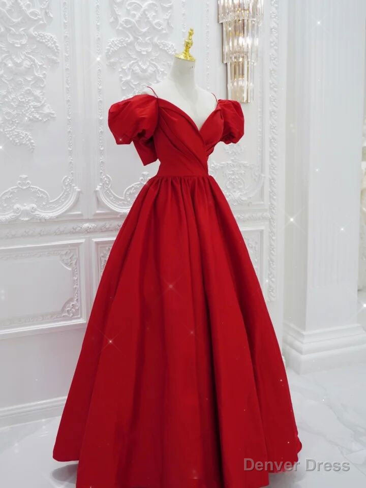 Red V Neck Satin Long Prom Dress, Red Prom Dresses