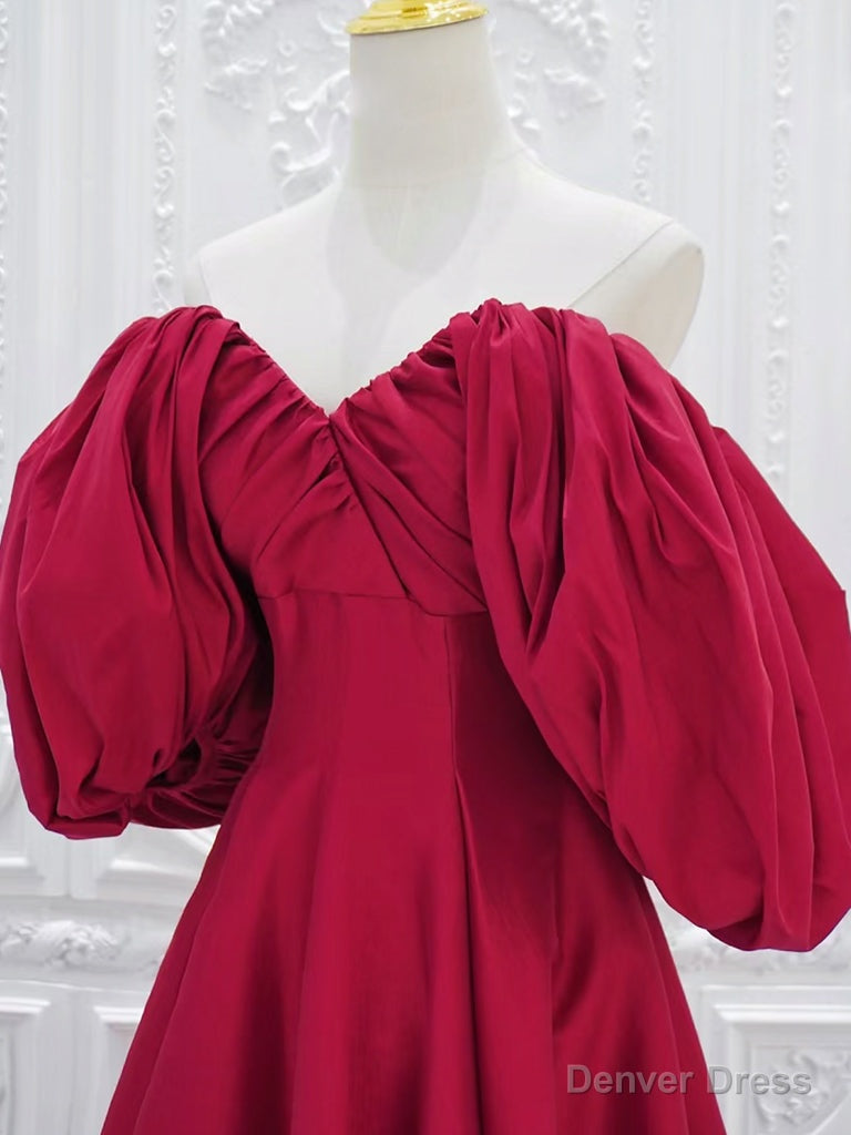 Red V Neck Satin Long Prom Dress, Red Puff Sleeves Satin Long Formal Dress Secondary image