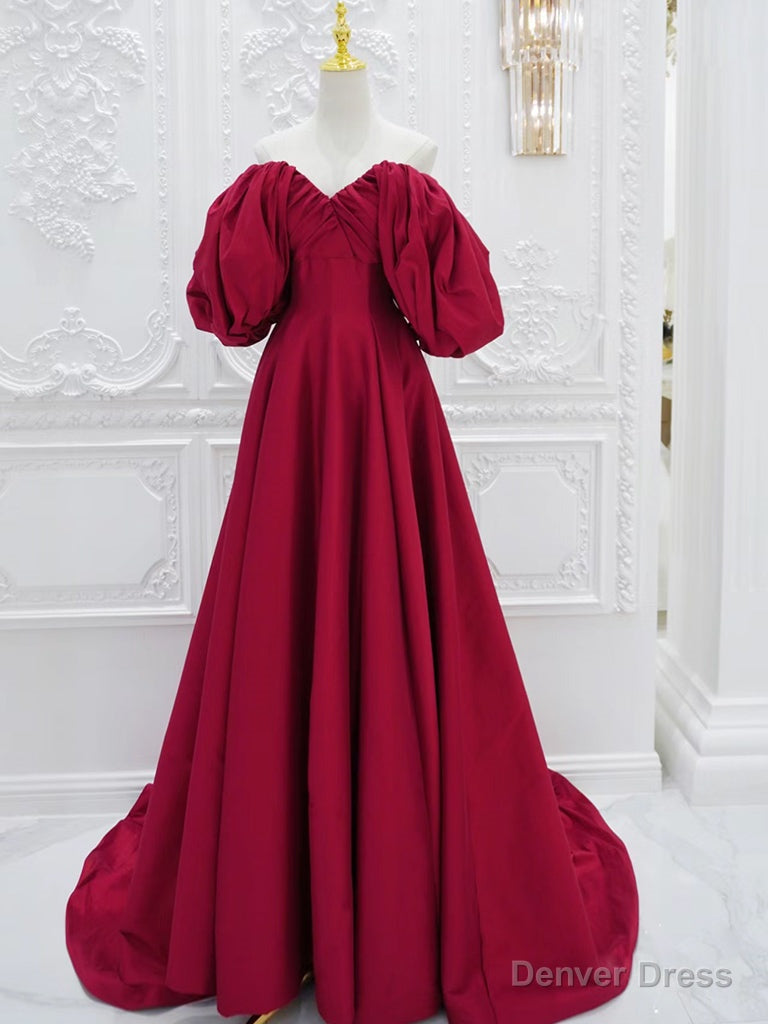 Red V Neck Satin Long Prom Dress, Red Puff Sleeves Satin Long Prom Dresses