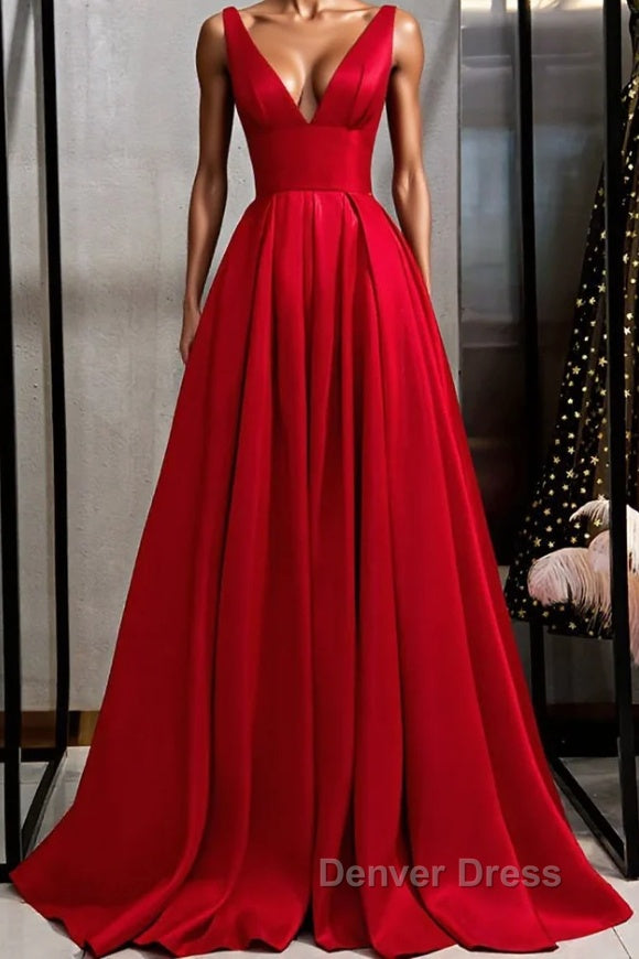 Red v neck satin long prom Dress simple red Prom Dresses